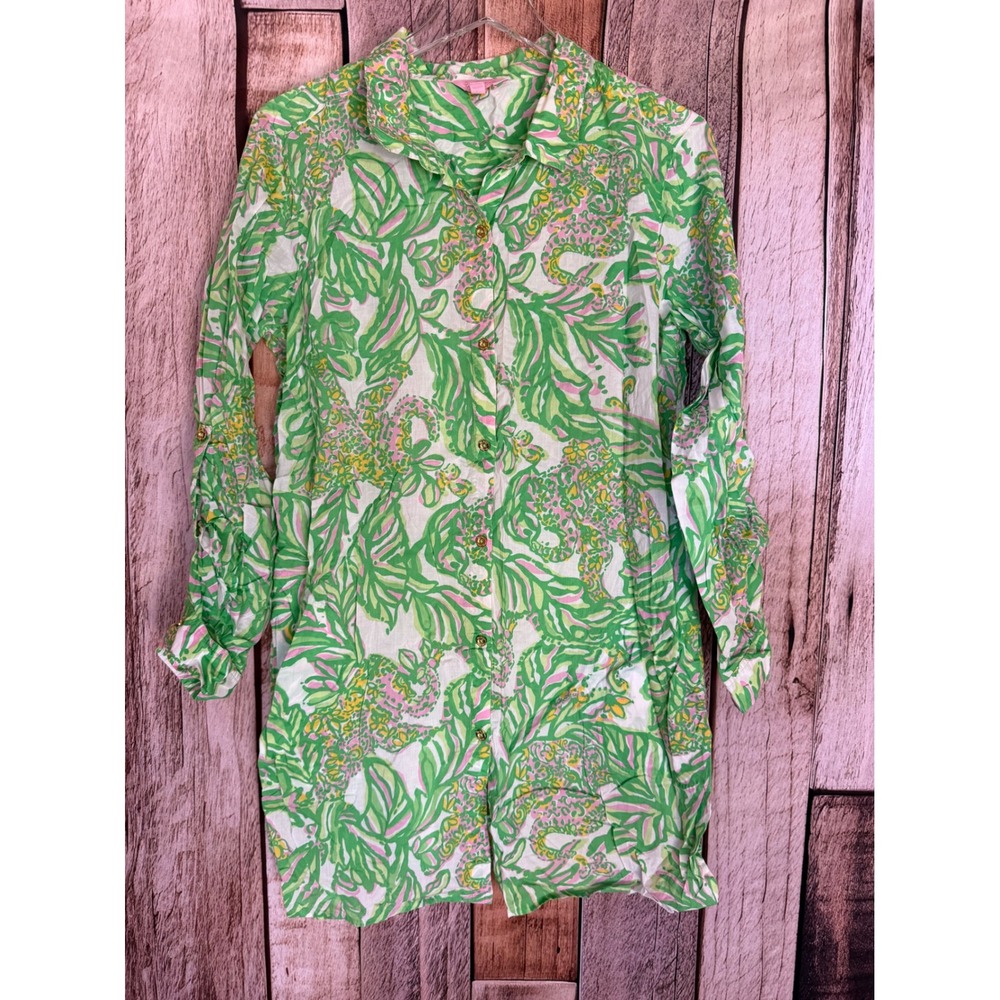 Lilly Pulitzer Jupiter Island Tunic Cover Up Tropical Resortwear Green Pink XL